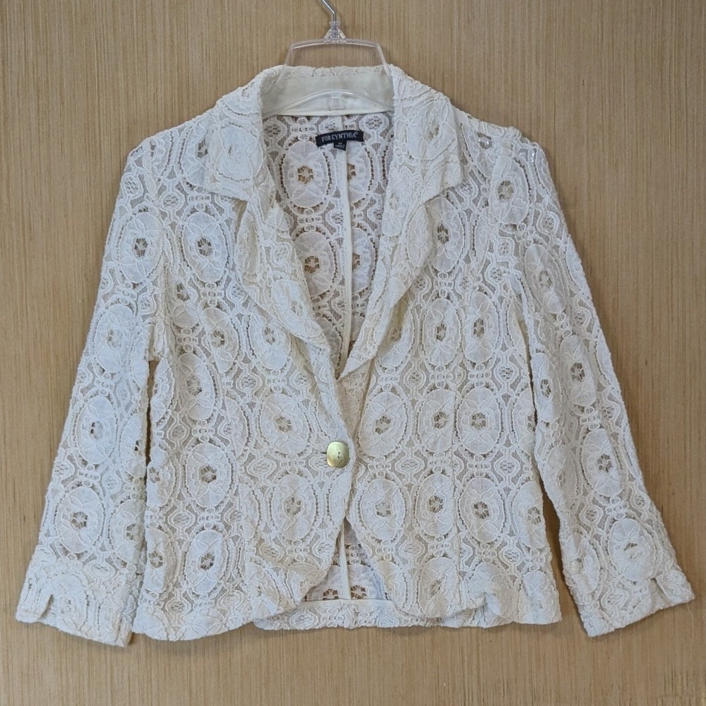 For Cynthia Boho Cottage Feminine Floral Lace Blazer Crochet Jacket Cream Medium
